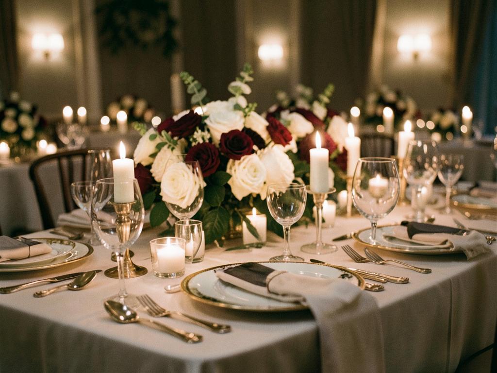 Elegant candlelit wedding reception table setting