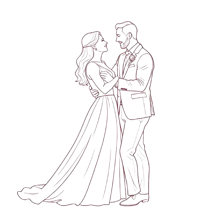 Line drawing of a bride and groom dancing