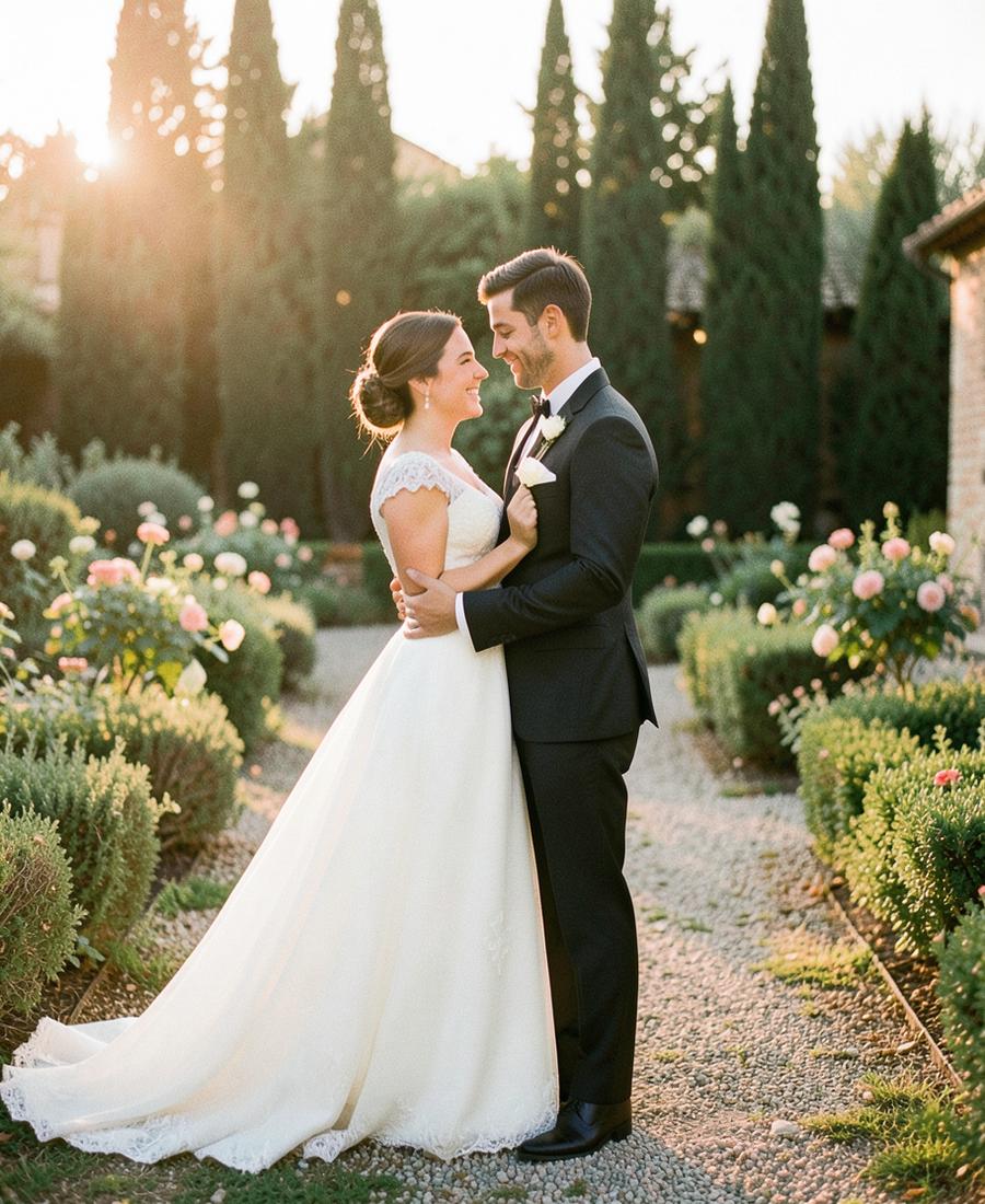 Sara and Joseph embracing in a garden at golden hour